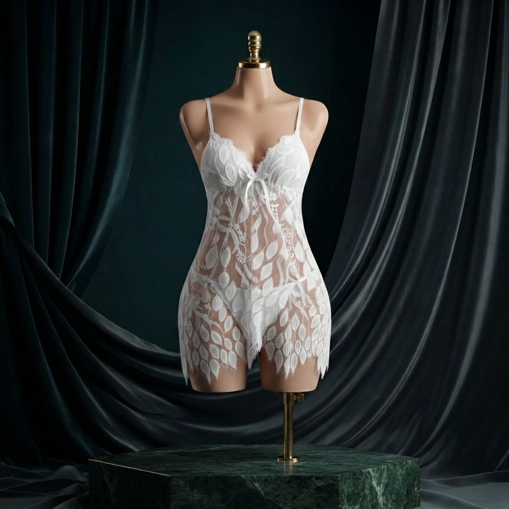 Leaf Lace Babydoll Nighty With G-String - Free Size