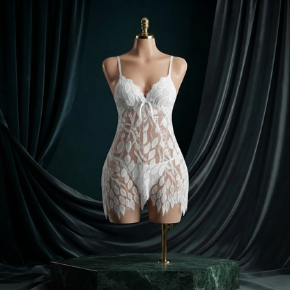Leaf Lace Babydoll Nighty With G-String - Free Size