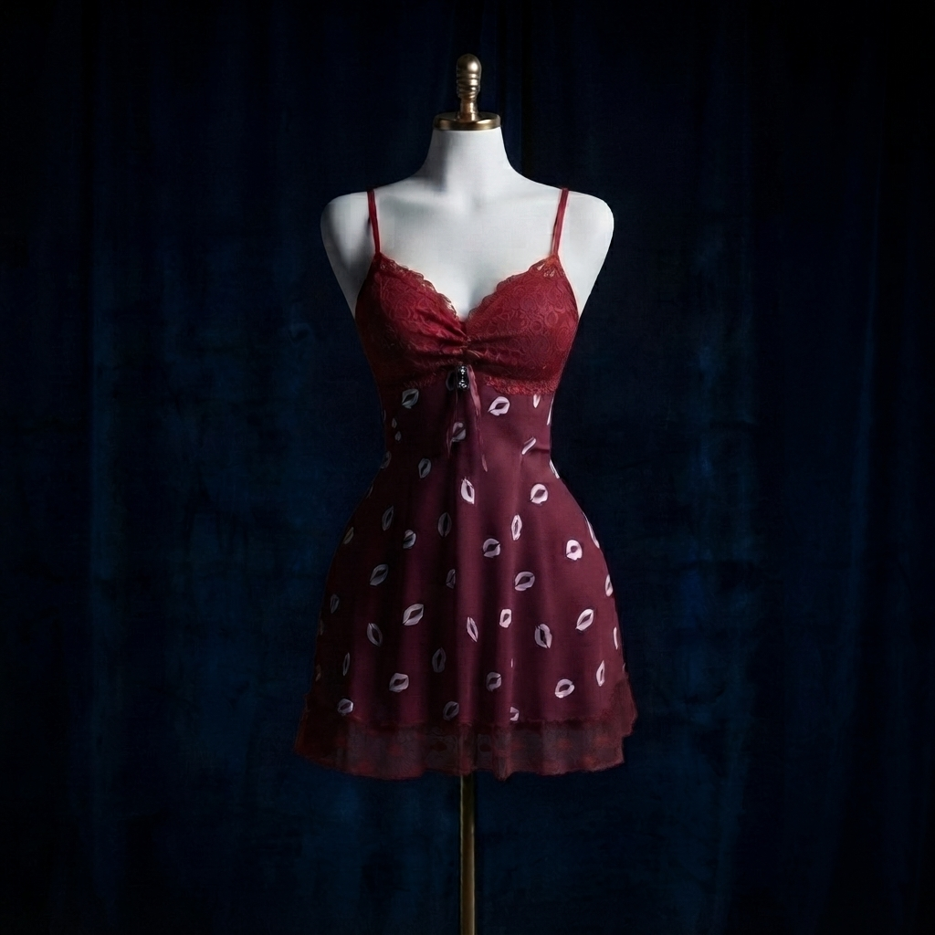 Kiss Print Lace Babydoll Nighty With G-String