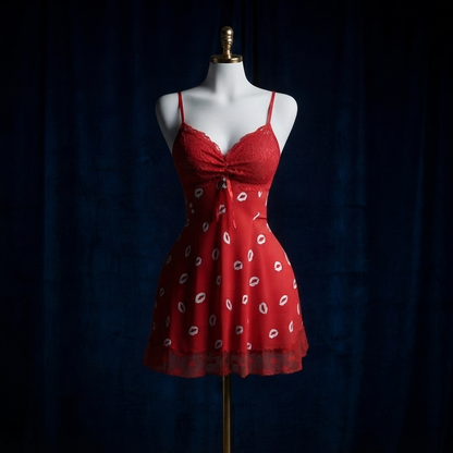 Kiss Print Lace Babydoll Nighty With G-String