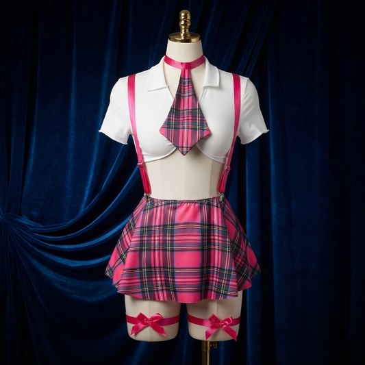 Plaid Suspenders Costume Set With G-String, Tie and Leg Bows