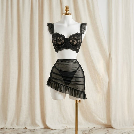 Black Lace Ruffle Skirt Set - Romantic Night