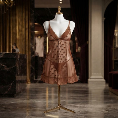Heart Mesh Babydoll Nighty With G-String - Free Size