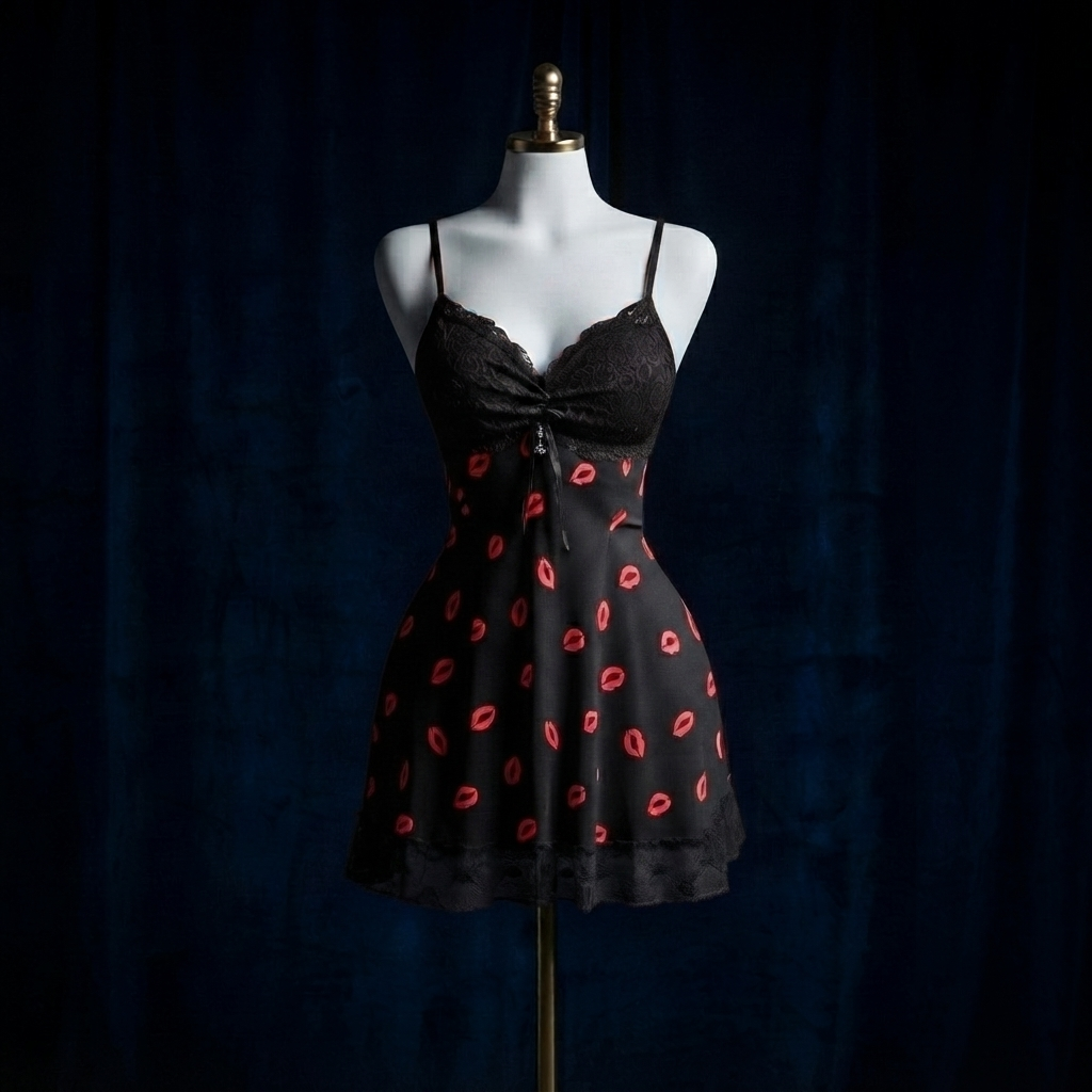 Kiss Print Lace Babydoll Nighty With G-String