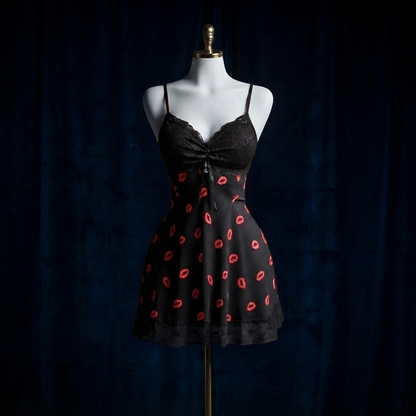 Kiss Print Lace Babydoll Nighty With G-String