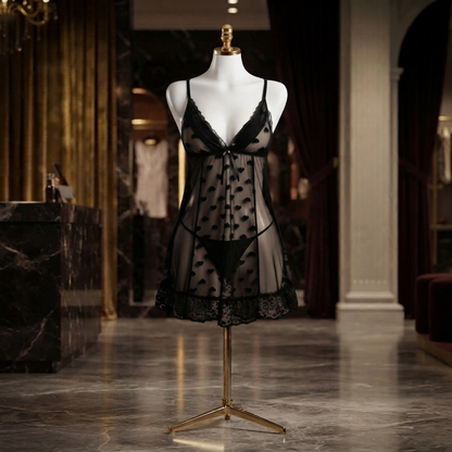 Heart Mesh Babydoll Nighty With G-String - Free Size