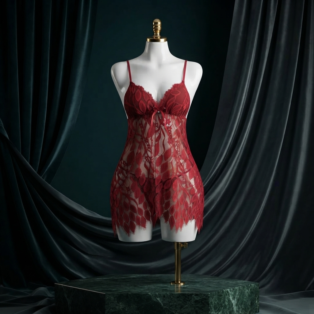 Leaf Lace Babydoll Nighty With G-String - Free Size