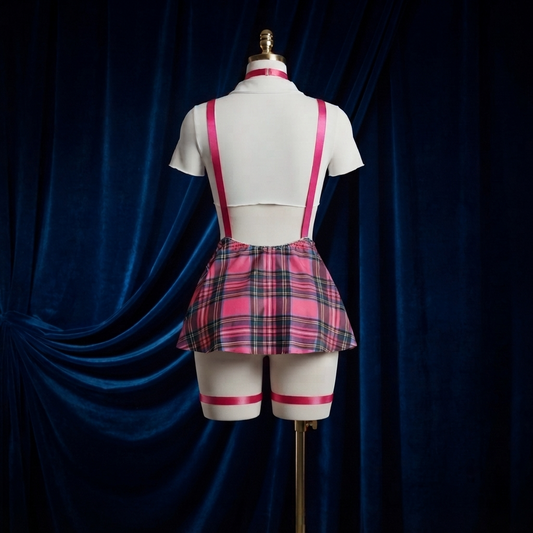 Plaid Suspenders Costume Set With G-String, Tie and Leg Bows