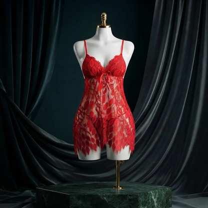 Leaf Lace Babydoll Nighty With G-String - Free Size