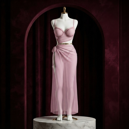 Chain Wrap Mesh Long Nighty With Panty - Free Size - Side Slit Gown
