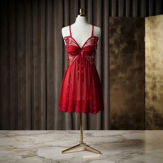 Butterfly Bow Babydoll Nighty With Panty - Flowy Lace Look
