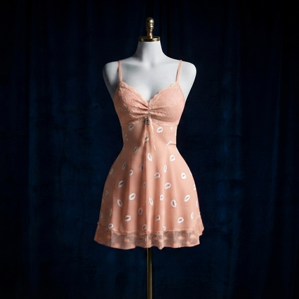 Kiss Print Lace Babydoll Nighty With G-String