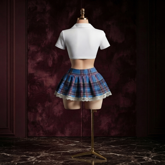 Blue Plaid Costume Set With Lace Hem - Tie Front Top and Mini Skirt