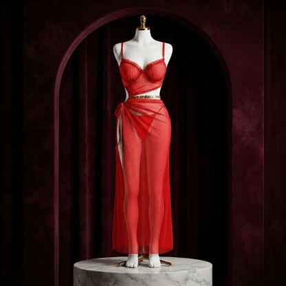 Chain Wrap Mesh Long Nighty With Panty - Free Size - Side Slit Gown