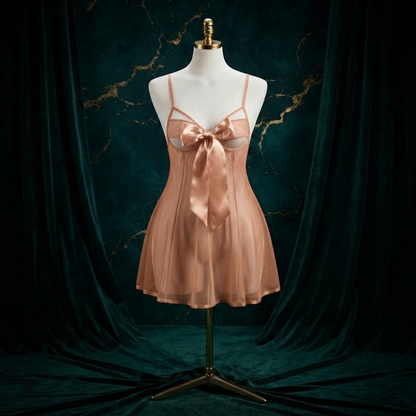 Big Bow Mesh Babydoll Nighty With String Panty - Free Size - Underbust Cutout