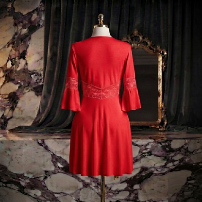 Lace Cutout Bodysuit With Bell Sleeve Robe Set - Free Size - 2 Piece