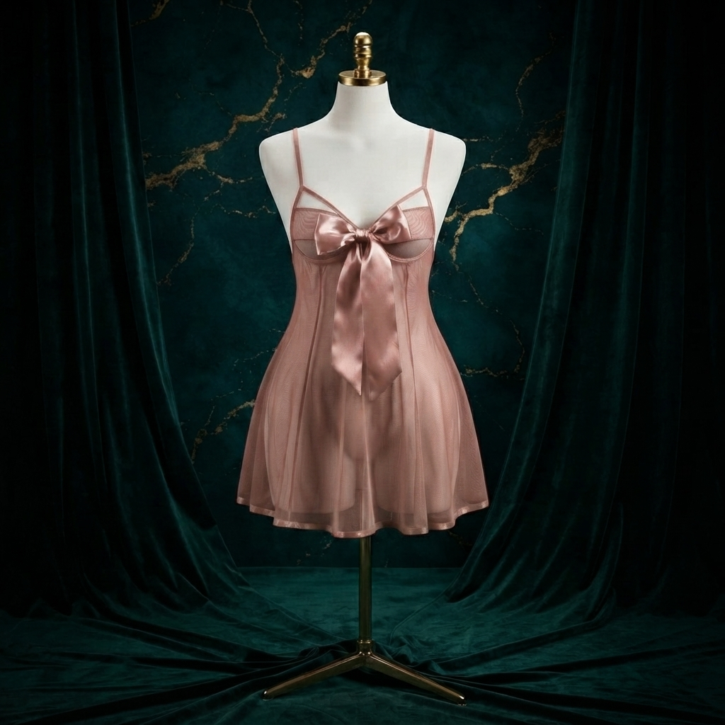 Big Bow Mesh Babydoll Nighty With String Panty - Free Size - Underbust Cutout