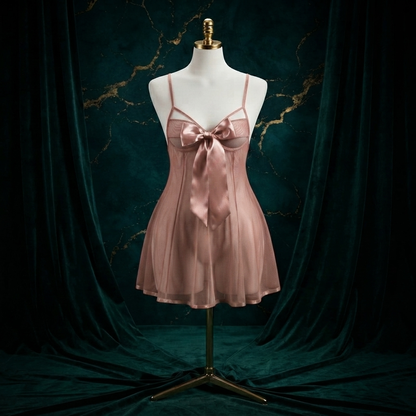 Big Bow Mesh Babydoll Nighty With String Panty - Free Size - Underbust Cutout