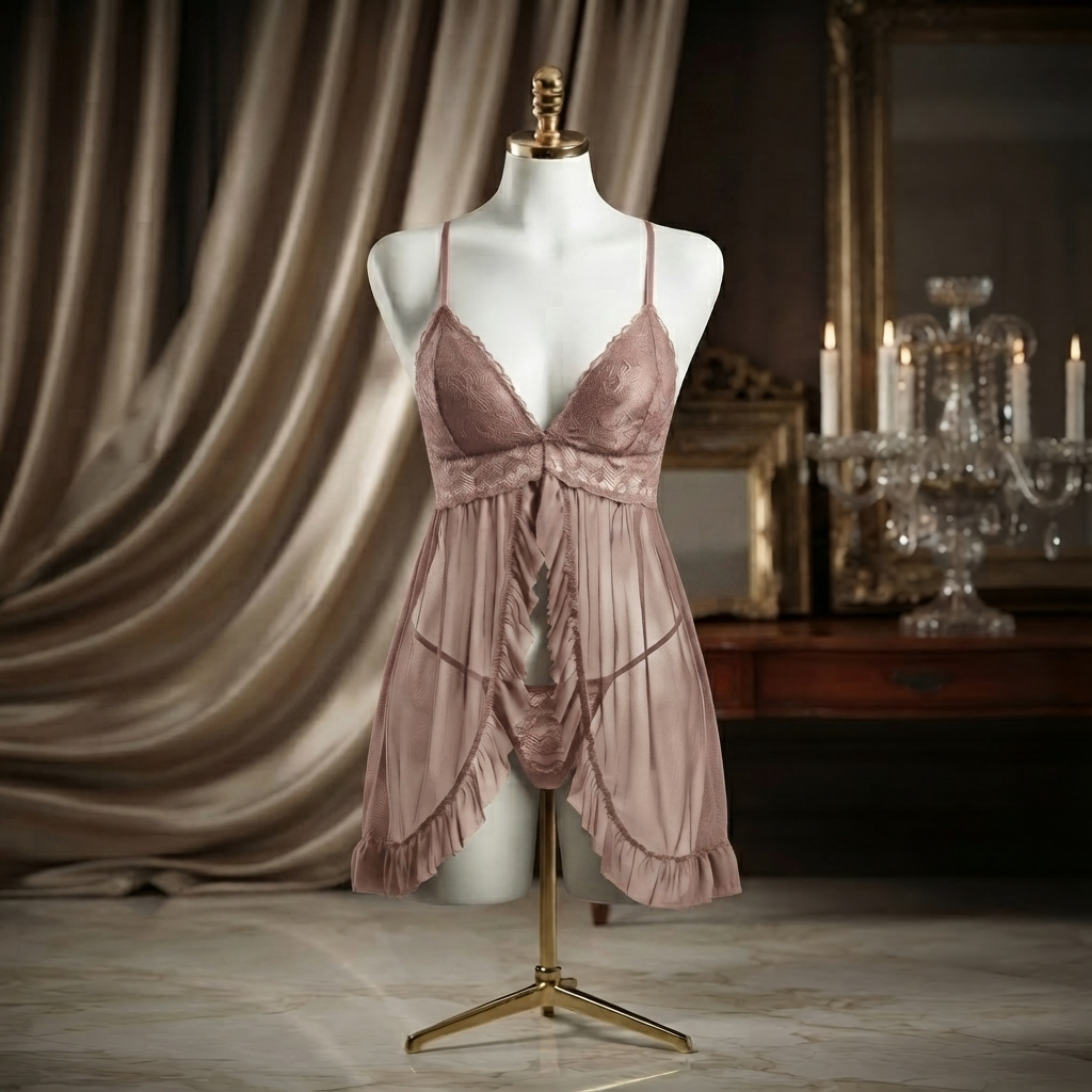Front Open Ruffle Babydoll Nighty With G-String - Free Size - Dusty Pink / Black / Burgundy