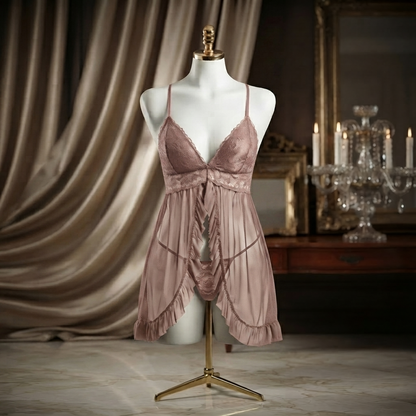 Front Open Ruffle Babydoll Nighty With G-String - Free Size - Dusty Pink / Black / Burgundy