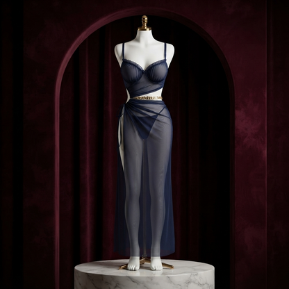 Chain Wrap Mesh Long Nighty With Panty - Free Size - Side Slit Gown