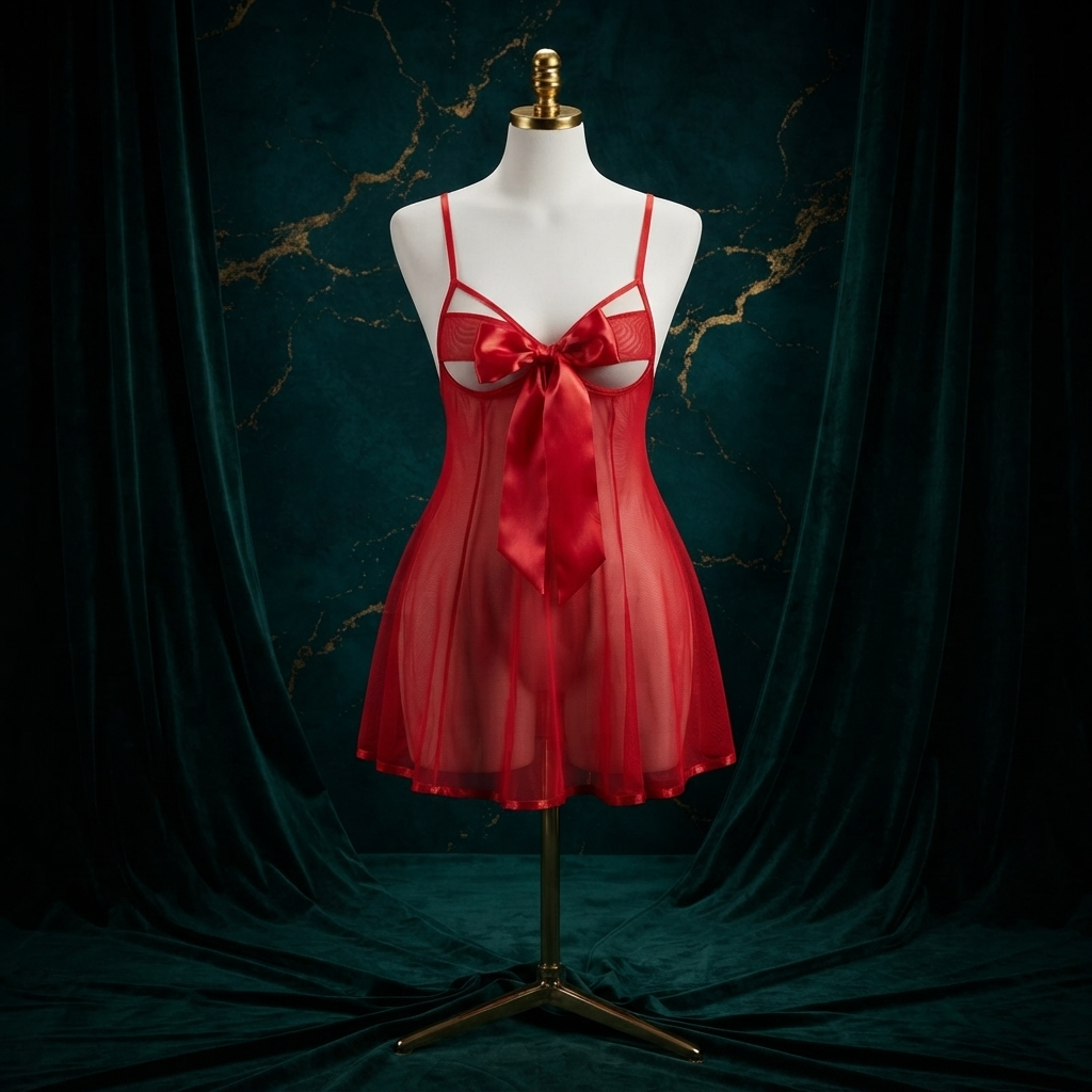 Big Bow Mesh Babydoll Nighty With String Panty - Free Size - Underbust Cutout