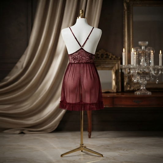 Front Open Ruffle Babydoll Nighty With G-String - Free Size - Dusty Pink / Black / Burgundy