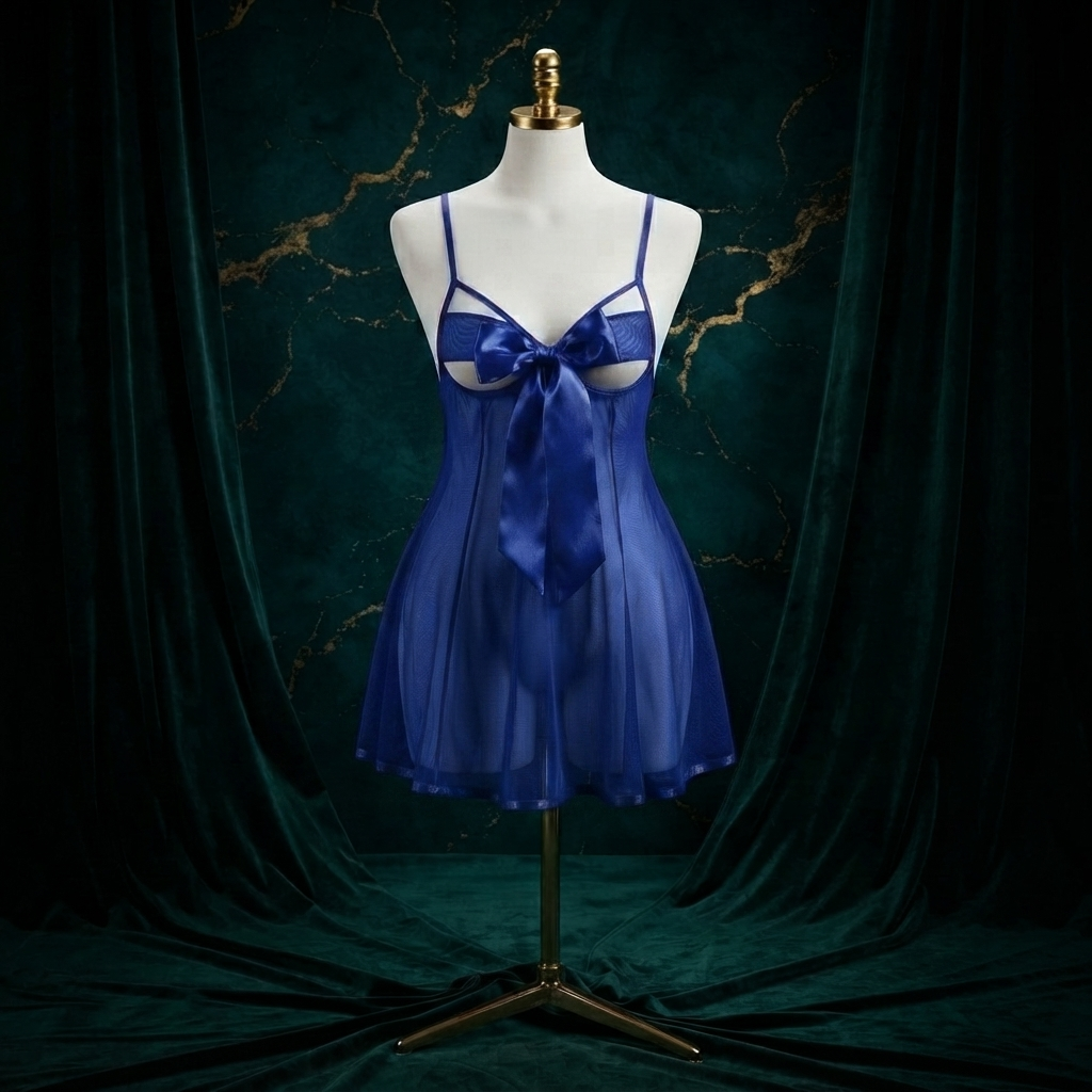 Big Bow Mesh Babydoll Nighty With String Panty - Free Size - Underbust Cutout