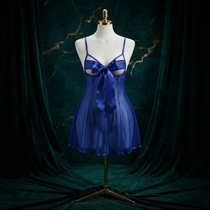 Big Bow Mesh Babydoll Nighty With String Panty - Free Size - Underbust Cutout