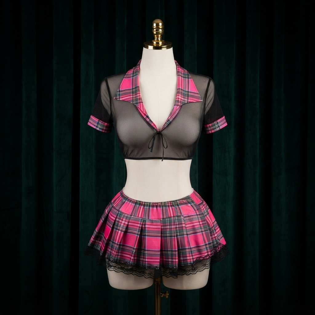 Pink Plaid Mesh Costume Set - Sheer Top With Lace Trim Mini Skirt