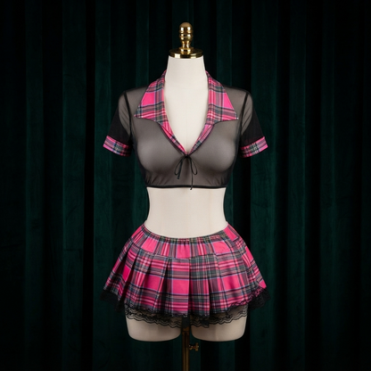 Pink Plaid Mesh Costume Set - Sheer Top With Lace Trim Mini Skirt