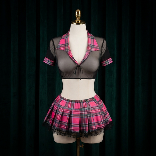 Pink Plaid Mesh Costume Set - Sheer Top With Lace Trim Mini Skirt