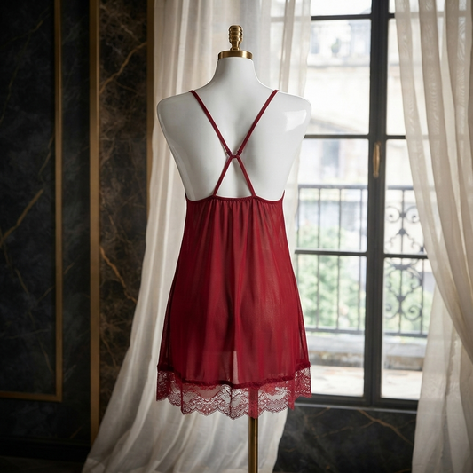 Butterfly Lace Babydoll Nighty With Panty - Free Size - Red