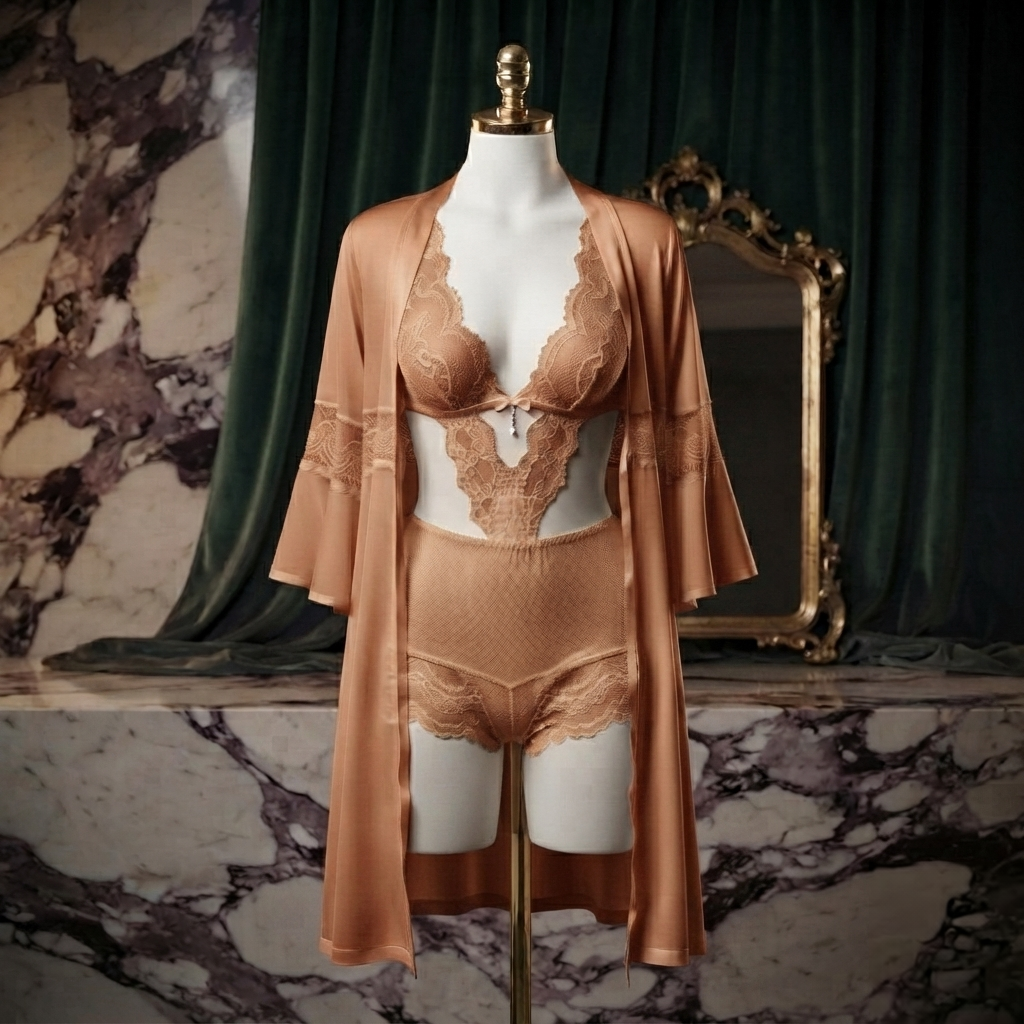 Lace Cutout Bodysuit With Bell Sleeve Robe Set - Free Size - 2 Piece