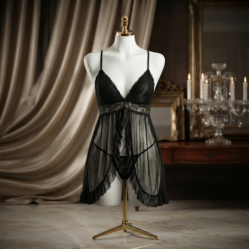 Front Open Ruffle Babydoll Nighty With G-String - Free Size - Dusty Pink / Black / Burgundy