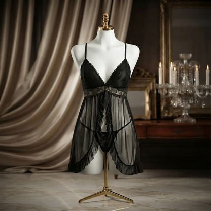 Front Open Ruffle Babydoll Nighty With G-String - Free Size - Dusty Pink / Black / Burgundy