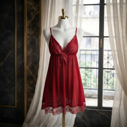 Butterfly Lace Babydoll Nighty With Panty - Free Size - Red