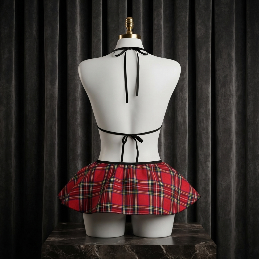 Red Plaid Lace Costume Set With Bow Tie - Bold Hips Look Mini Skirt