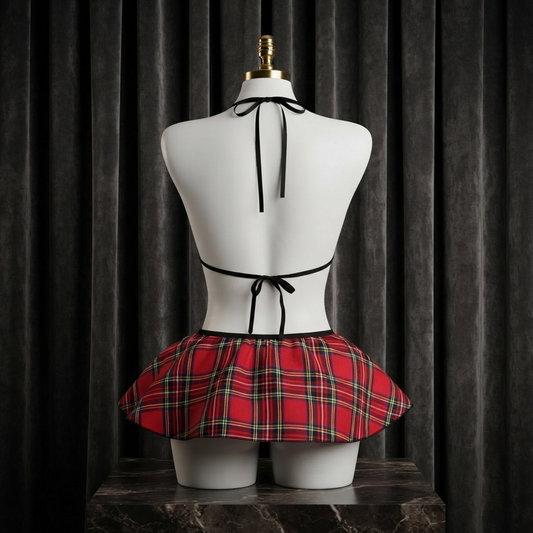 Red Plaid Lace Costume Set With Bow Tie - Bold Hips Look Mini Skirt