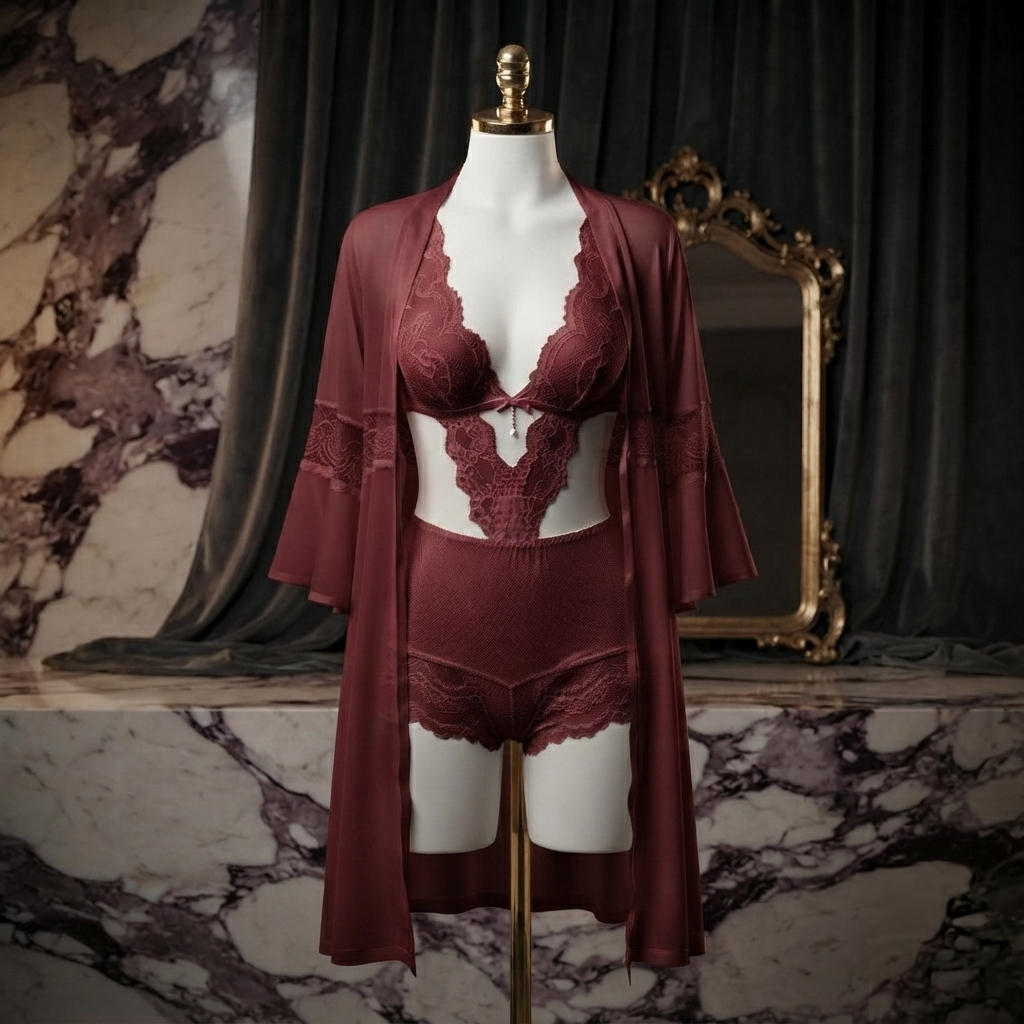Lace Cutout Bodysuit With Bell Sleeve Robe Set - Free Size - 2 Piece