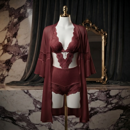 Lace Cutout Bodysuit With Bell Sleeve Robe Set - Free Size - 2 Piece