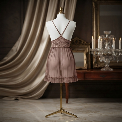 Front Open Ruffle Babydoll Nighty With G-String - Free Size - Dusty Pink / Black / Burgundy