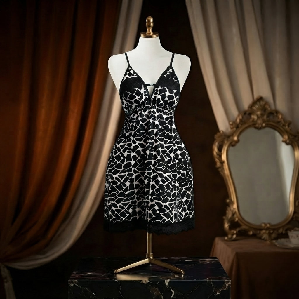Animal Print Lace Nighty With Panty - Soft Silky Flowy Look