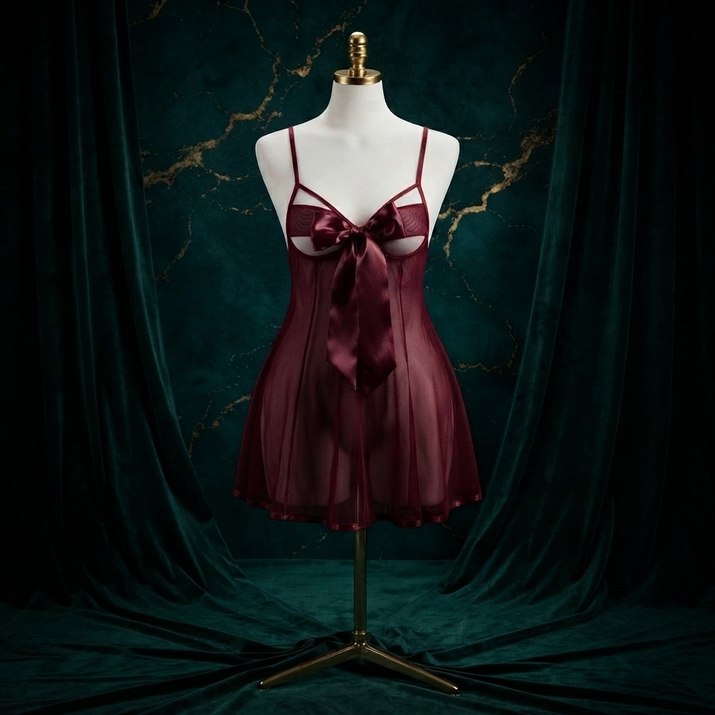Big Bow Mesh Babydoll Nighty With String Panty - Free Size - Underbust Cutout