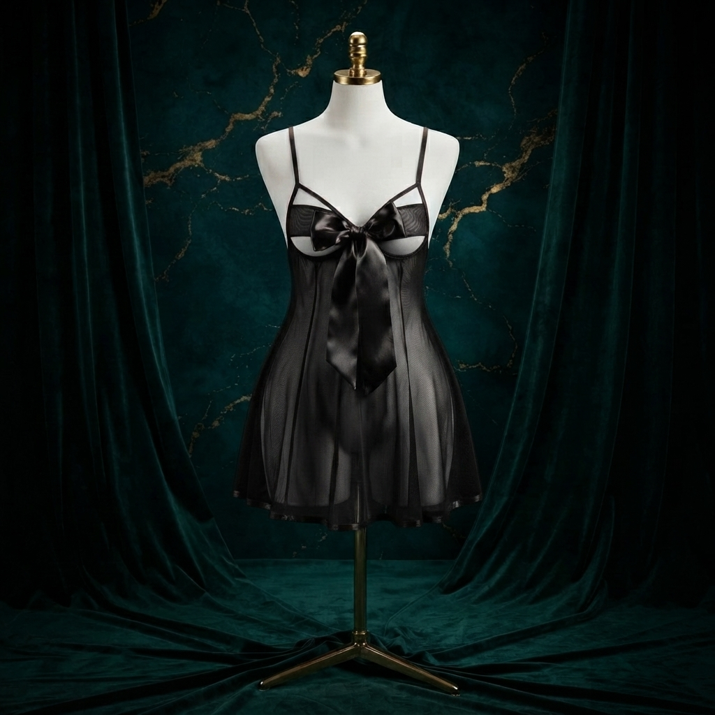 Big Bow Mesh Babydoll Nighty With String Panty - Free Size - Underbust Cutout