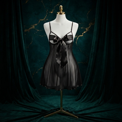 Big Bow Mesh Babydoll Nighty With String Panty - Free Size - Underbust Cutout