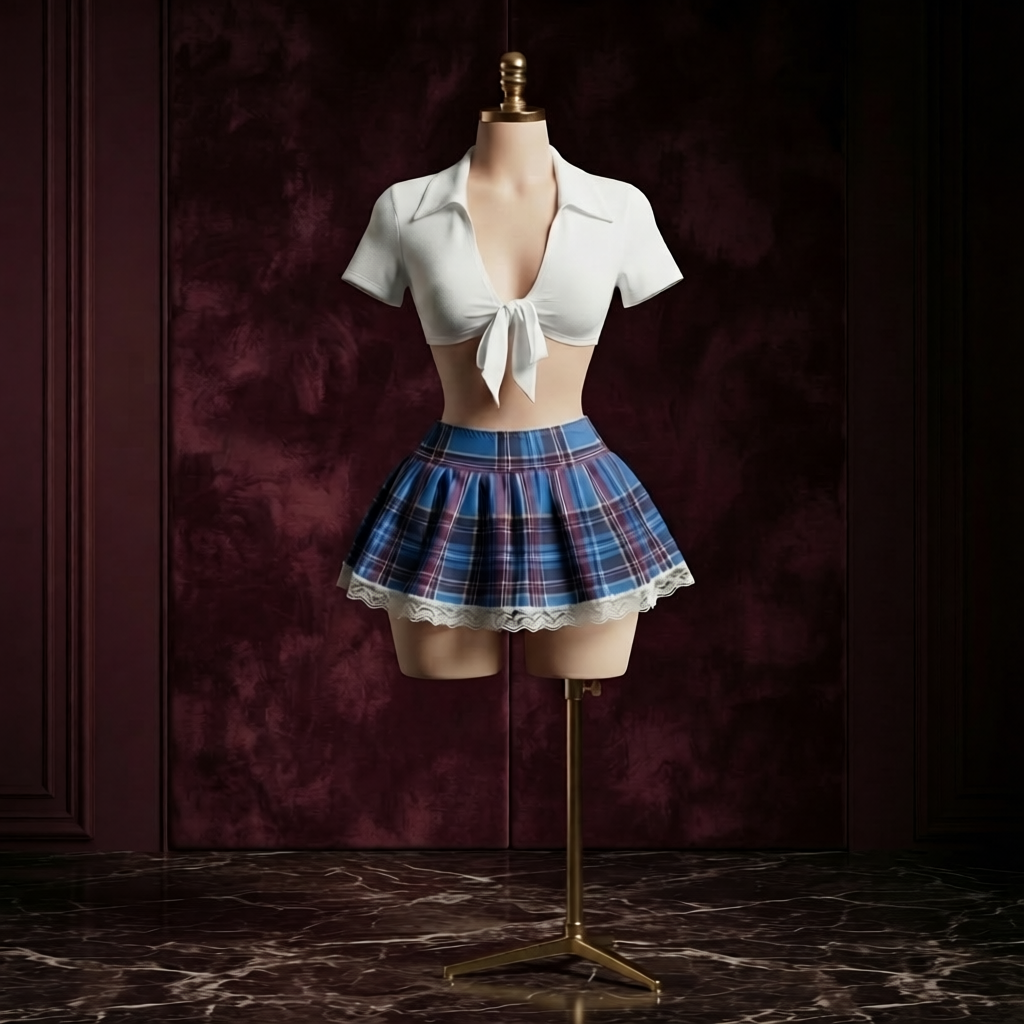Blue Plaid Costume Set With Lace Hem - Tie Front Top and Mini Skirt