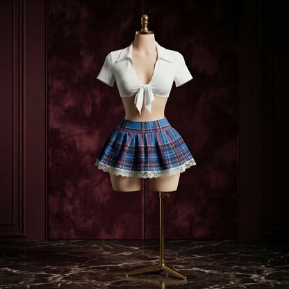 Blue Plaid Costume Set With Lace Hem - Tie Front Top and Mini Skirt