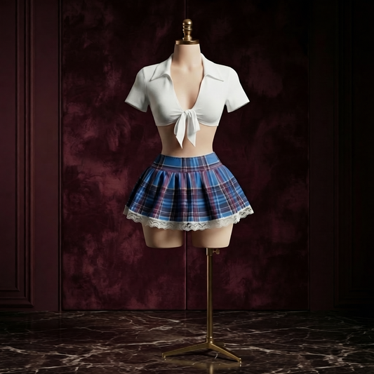 Blue Plaid Costume Set With Lace Hem - Tie Front Top and Mini Skirt