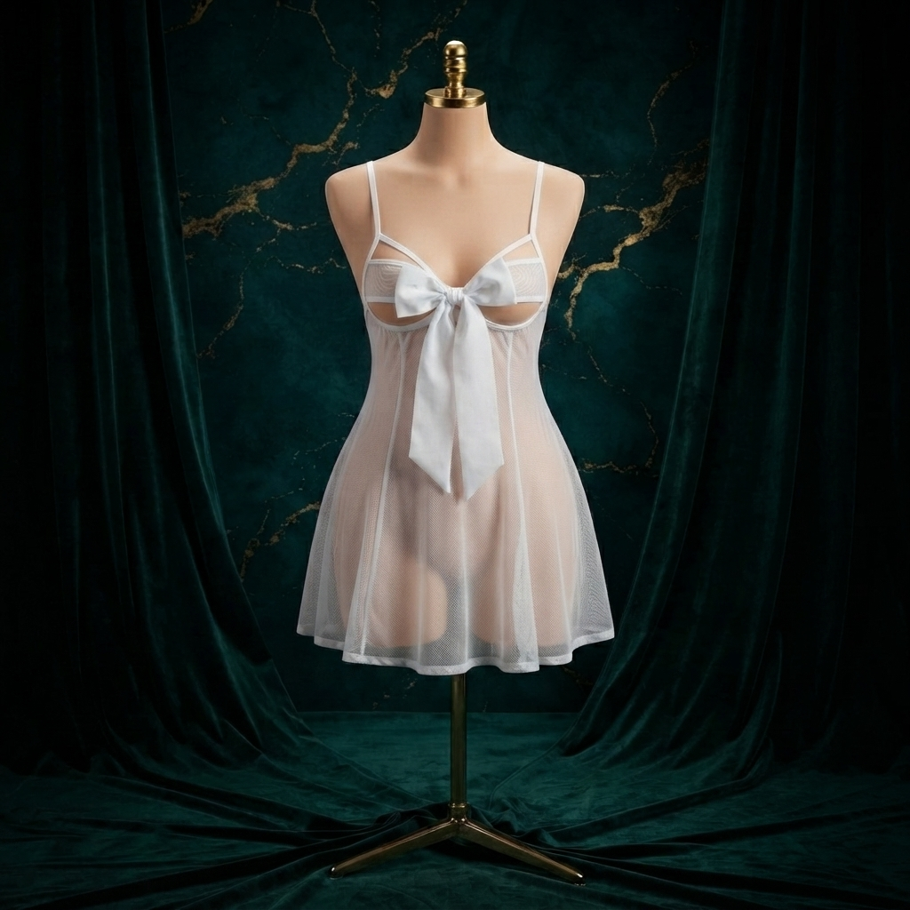 Big Bow Mesh Babydoll Nighty With String Panty - Free Size - Underbust Cutout